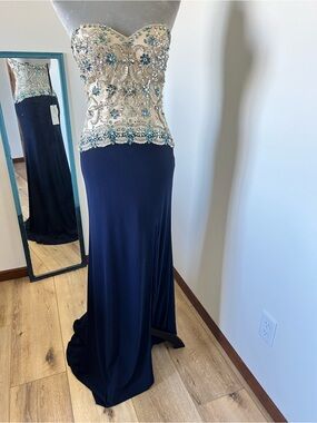 Strapless Navy and Ivory Beaded Evening Gown - Milano Prom/Party Dress